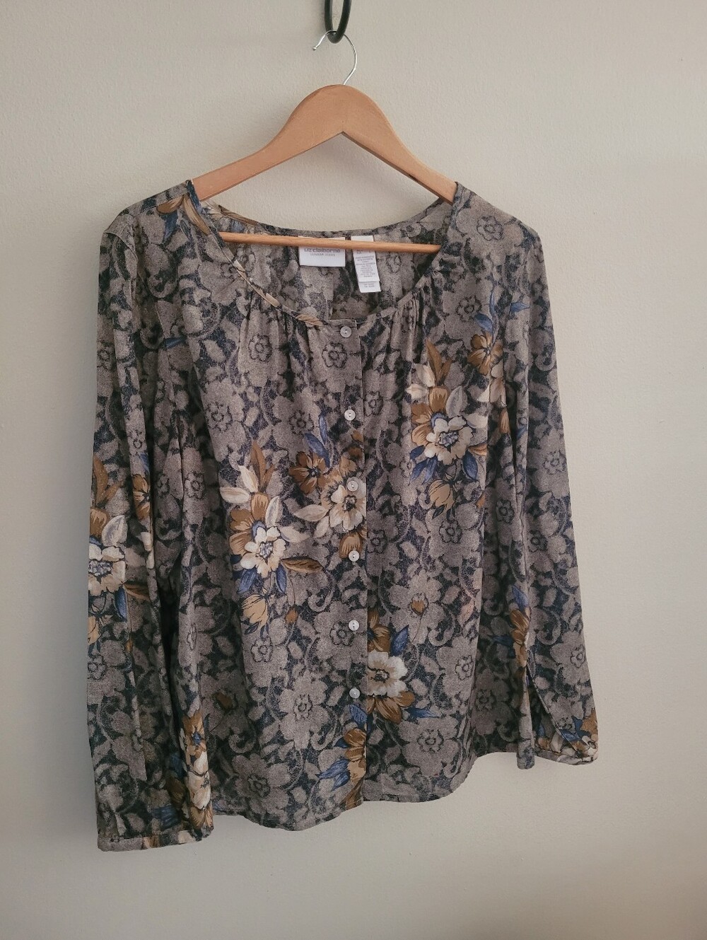 Liz Claiborne Cotton Floral Print Feminine Button Down, Women's L, Earthy Colors